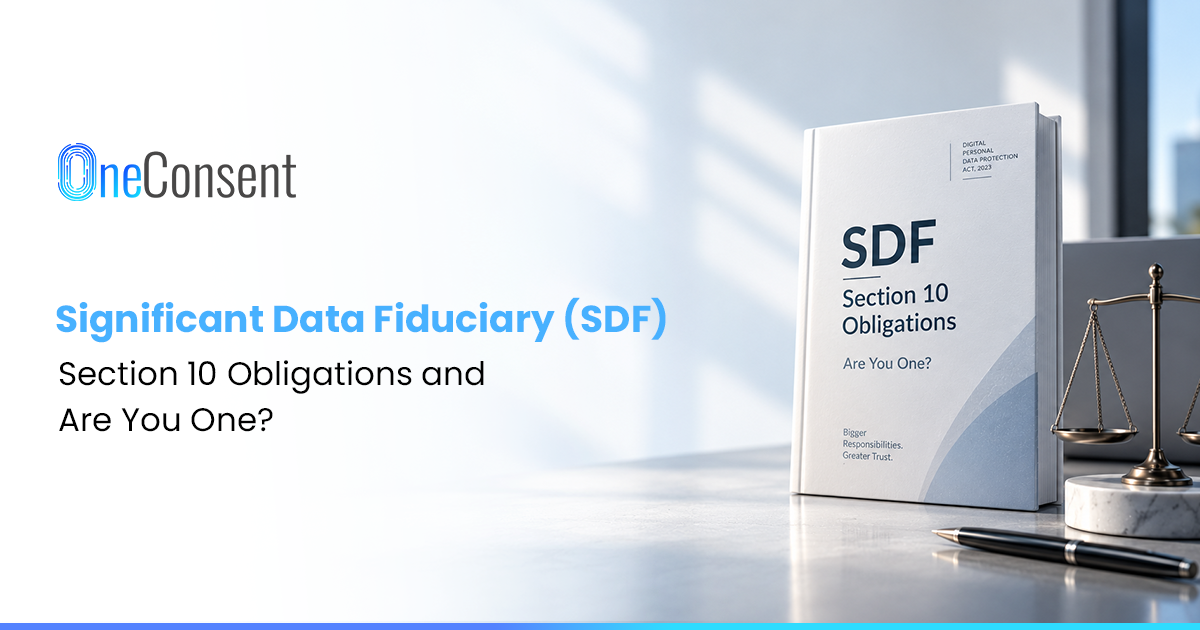 Significant Data Fiduciary (SDF) Obligations Illustration of a Significant Data Fiduciary managing sensitive personal data, with privacy, DPO, audit, DPIA, and regulatory compliance symbols.