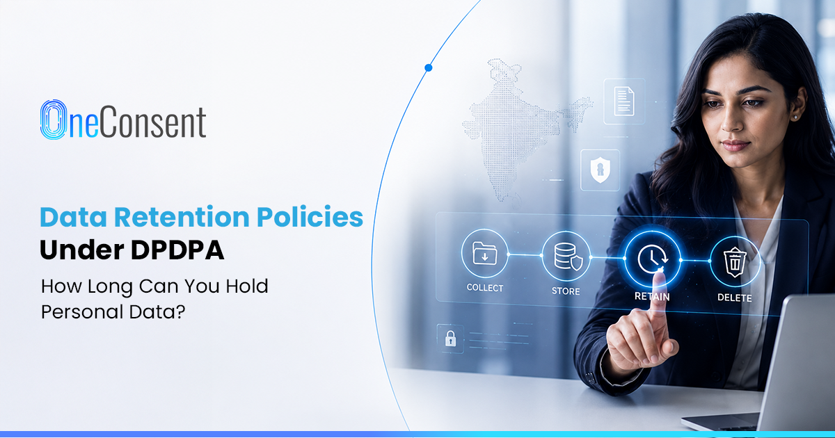 DPDPA Data Retention: Secure Data Management, Compliance & Deletion DPDPA data retention and compliance concept showing secure personal data management, retention periods, regulatory review, and data deletion for Indian businesses