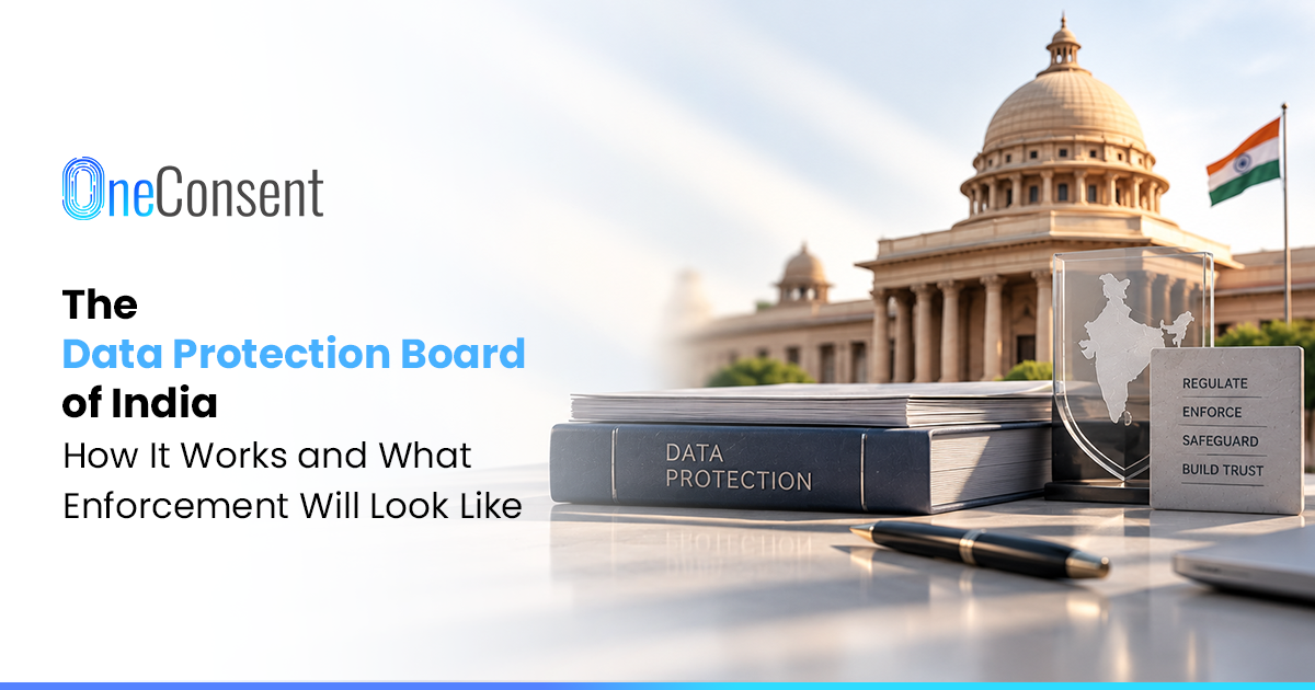 Data Protection Board of India: DPDPA Enforcement Process Illustration showing the Data Protection Board of India overseeing the DPDPA enforcement process, from customer complaints and investigations to hearings, penalties, directions, and appeals.