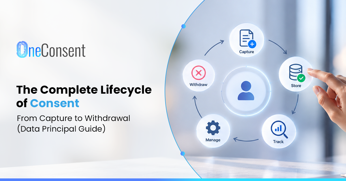 Complete Consent Lifecycle Under DPDPA: From Capture to Withdrawal Consent lifecycle under DPDPA showing the journey from consent capture and storage to tracking, management, and withdrawal.