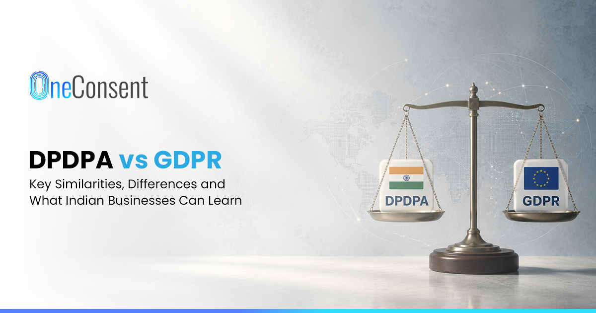DPDPA vs GDPR: Key Similarities, Differences & Compliance Lessons Illustration comparing India’s DPDPA and Europe’s GDPR, showing shared principles such as consent, data rights, security and breach notification, alongside key legal differences.