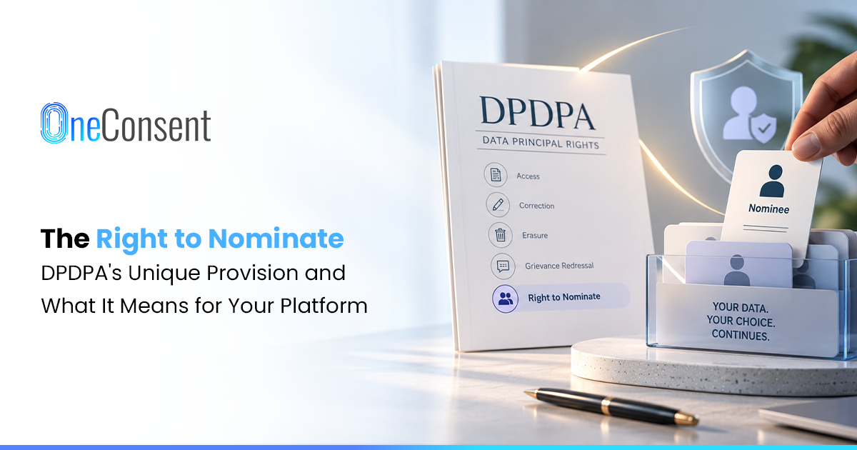 Highlights DPDPA's unique provision regarding nomination and its relevance to insurance, banking, and healthcare. Split-screen infographic in navy and gold. Left side shows an Indian family home, right side shows a server room. A glowing legal nomination document bridges the two, passing through a verification checkpoint icon.